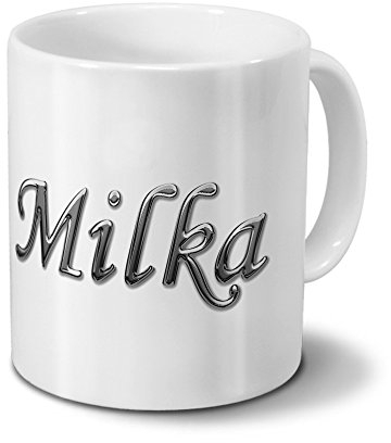 printplanet Tasse mit Namen Milka - Motiv Chrom-Schriftzug - Namenstasse, Kaffeebecher, Mug, Becher, Kaffeetasse - Farbe Weiß