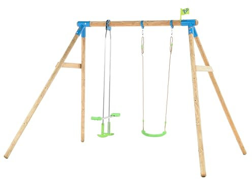TP Toys Knightswood Double Wooden Swing Set With Glide Ride Includes 1 Fully Adjustable Rapid Lime Swing Seat & 2 Seater Glide Ride. Ground Stakes, FSC Certified Pressure Treated Wood, Age 3 Years+.