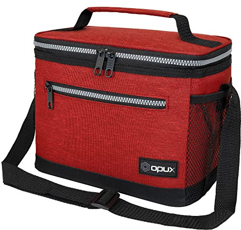opux Insulated Lunch Box Men Women, Lunch Bag for Work School, Leakproof Soft Cooler Tote Adult, Large Lunch Pail Kids Boys Girls, Picnic Beach Food Bag with Shoulder Strap, Red