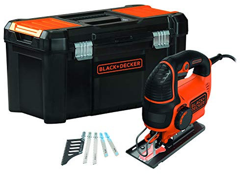 BLACK+DECKER KS901PEKA5-QS - Seghetto alternativo a filaio-620 W-4 posizioni da 22,5° a 45° -90 mm nel legno, 8 mm in acciaio, 3000 corsi/min-5 lame, consegnato in scatola di attrezzi