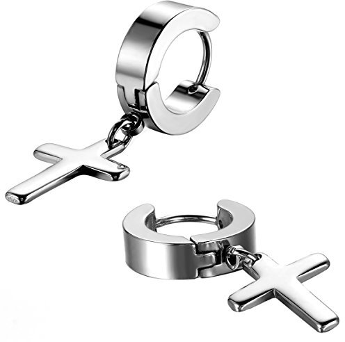 Aroncent Boucles d'oreilles avec Croix Clou d'oreille Ronde Anneaux Créoles pour Homme Femme Croix Pendantes Polissage en Acier Inoxydable Style Rétro Bijoux Fantaisie Argent