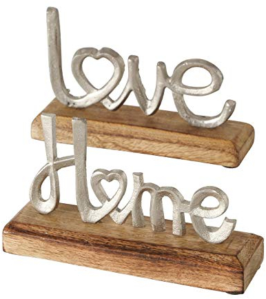 Schriftzug Holz Individuell Alu Aluminium LOVE und HOME auf Mangoholz Sockel