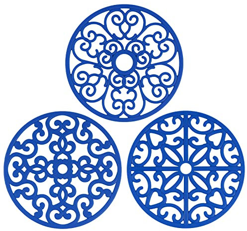CHEFBEE 3PCS Silicone Trivet Mat - Flexible Non-Slip Heat Resistant Modern Kitchen Teapot Trivets Set for Hot Dishes, Table, Countertop Blue