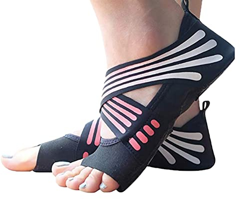 ABIRAM Calcetines de yoga sin dedos antideslizantes y correas, para pilates, barra, ballet, bikram, entrenamiento para mujeres