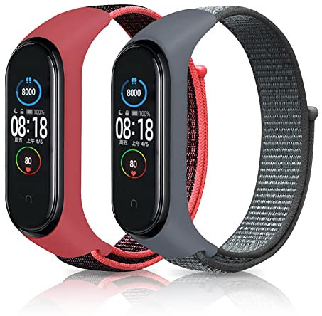 SeNool Nylon Armband Kompatibel mit Xiaomi Mi Band 6/Mi Band 5/Mi Band 4, [2 Stück] [Klettarmband] [Weiches, Atmungsaktives, Leichtes], Ersatzband für Mi Band 6/5/4/3 - Grau + Rot Schwarz