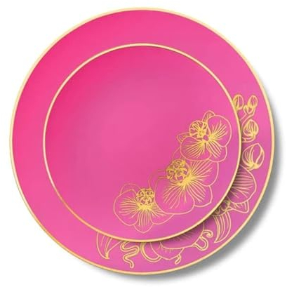 Decor Decorline - 32 Piatti Eleganti in Plastica Rigida Riutilizzabili per 16 persone - Collezione Orchid - Fucsia/Oro - Piatti per la cena e il dessert - 2 misure (16x26cm, 16x19cm)