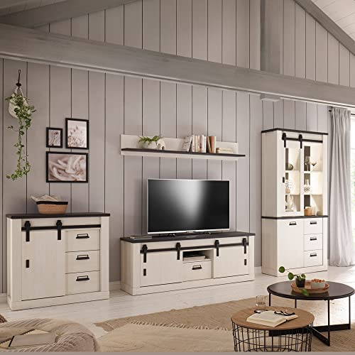 Wohnwand TV-Wand Pinie weiß Nb. mit anthrazit 4-teilig Landhausstil, TV-Lowboard, Wandboard, Kommode, Vitrinenschrank, inkl. LED-Beleuchtung