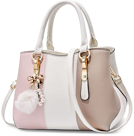 DORRISO Damen Handtasche Mode Pompons Anhänger Umhängetasche Elegantes Casual Reise Handtasche Frauen Tote Henkeltasche Top-Griff Citytasche Weiß