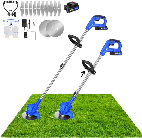 Akku Rasentrimmer mit Akku und Messer, 2 in 1 Leichter Elektro Rasentrimmer Akku und Rasenkantenschneider, mit 2X 21V Akku und Ladegerät, 180° drehbarer Trimmerkopf und Verstellbarer