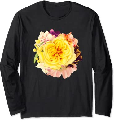 Grandes fleurs jaunes riches, pétales de rose Manche Longue