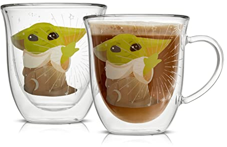 JoyJolt Mandalorian Mystic Grogu 13.5oz Coffee Mug, Double Wall Mug Set of 2. Large Espresso Cups, Cappuccino or Latte Cup. Mandalorian Star Wars Mugs, Glass Coffee Cup, Insulated Coffee Mug