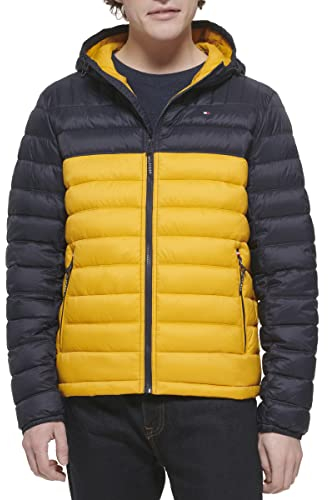 Tommy Hilfiger Herren Wasserabweisende Jacke mit Kapuze Daunenalternative Mantel, Gelb glänzend, XL
