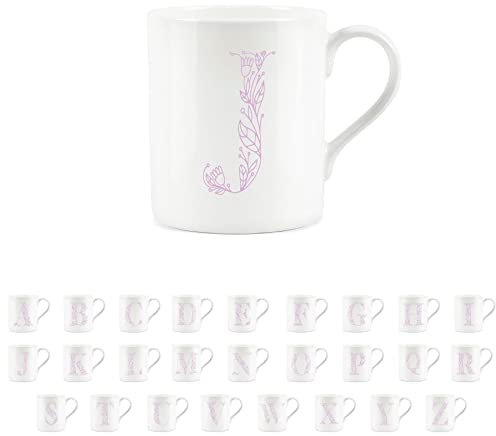 Purely Home Floral Pink Letter J Mug - Fine Bone China Small Coffee Tea Mug Present Personalised Initial Gift