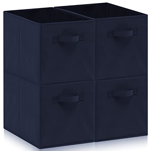 Amazing Tour 4 PCS Cube Storage Boxes 33x38x33 Foldable Fabric with Handles Collapsible for Home Office Nursery Organiser - Clothes Basket Containers, Navy Blue