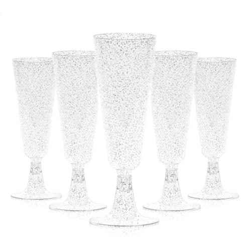 TSLBW 20 Pcs Clear Champagne Flutes 5 OZ Plastic Glitter Champagne Flutes Reusable Stemmed Party Wine Cups Crystal Wine Cocktail Cups for Garden Wedding Birthday Anniversary Party