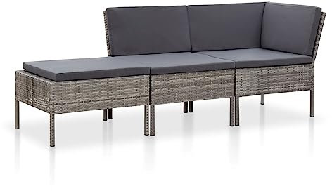 Homgoday 3-teiliges Gartensofa-Set mit Kissen aus Polyrattan, grau, Schlafsofa, Wohnzimmer, Sofa, Terrasse, modern