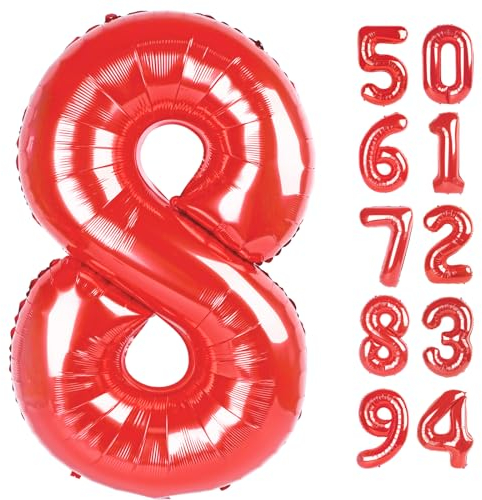 Red 8 Balloon, Number Balloon 40 Inch, Red Birthday Decorations, 8 18 28 38 80 Birthday Balloons, 8th Red Party Supplies, Number 8 Balloon