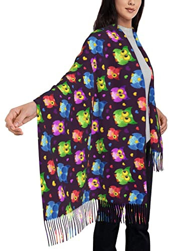 Pashmina-Schal mit Eulen-Motiv, nahtlos, groß, warm, Kaschmir, mit Quaste, Schwarz , One size