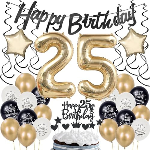 25 Geburtstag Deko Champagner Gold, 25 Jahr Geburtstagdeko Junge Mädchen, 25 Jahre Geburtstag Party Gold Schwarz, Luftballon 25. Deko, 25. Dekorationen,Ballon 25 Jahre
