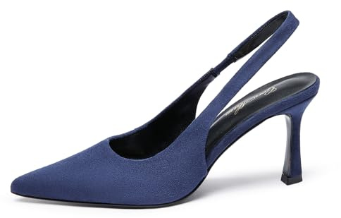 GENSHUO Élégants Escarpins Femme à Talon de 11 cm avec Bride Slingback, Bout Pointu, Talon Kitten Chic et Moderne, Velours Bleu Marine, 41 EU