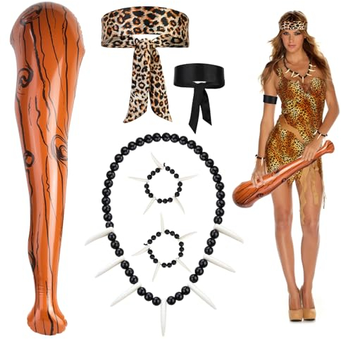 6STK Höhlenmensch Kostüm Zubehör, Aufblasbaren Keule Karneval Elfenbeinkette Armband Leoparden Stirnband Schwarze Armschärpe, Knochen Schmuck Steinzeit Kostüm Damen Zubehör für Karneval Cosplay Party