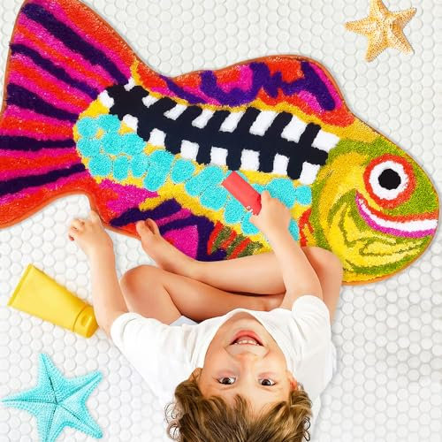 awlnail Niedlicher Badezimmerteppich, Hot Pink, Badematten für Badezimmer, lustiges Lächeln, Fisch-Badteppich, saugfähig, rutschfest, zottelig, für Dusche, 50,8 x 88,9 cm