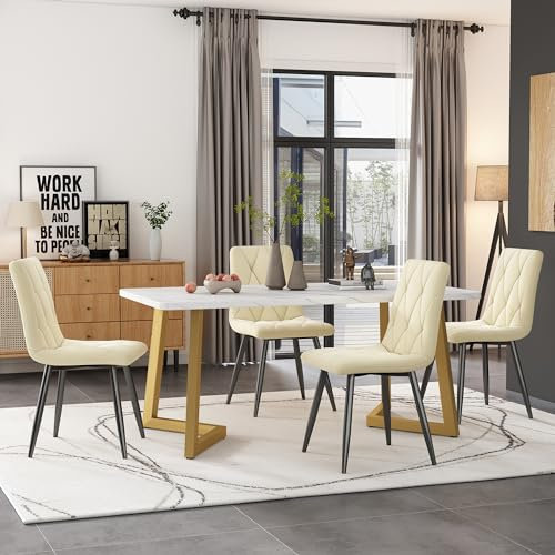 Dalred Essgruppe (1 Esstisch mit 4 Stühlen), Rechteckiger Esstisch Moderner Küchentisch Set, Esszimmerstuhl Twill Samt Küchenstuhl, Golden Tischbeine (beige)
