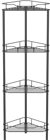 HuggieGems 4 Tier Floor Standing Corner Shower Caddy Organizer Shelf with Hooks, Bathroom Shelves Stand Rack, Black