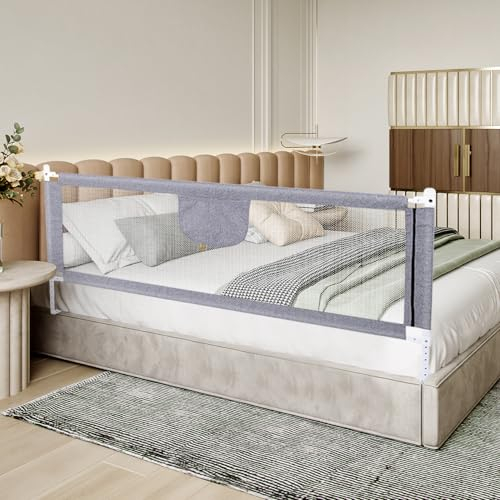 Blefoyer 150 cm Bettgitter Anti-Fall, Kinderbettgitter höhenverstellbar 70–99 cm, Kleinkindbett-Schutzgitter, Kinderbettgitter mit Lüftungsgitter, sicher, einfach zu montieren – Grau (1.8m,grau)