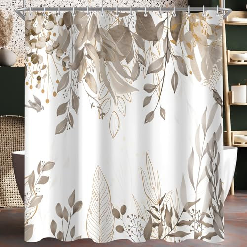 Lerores Duschvorhang 180x200cm Grau Herbstblätter, Beschwerter Saum Antischimme, Wasserabweisend, Waschbar Polyester Badevorhänge mit Ösen und 12 Duschvorhangringen für Badezimmer, Badewanne