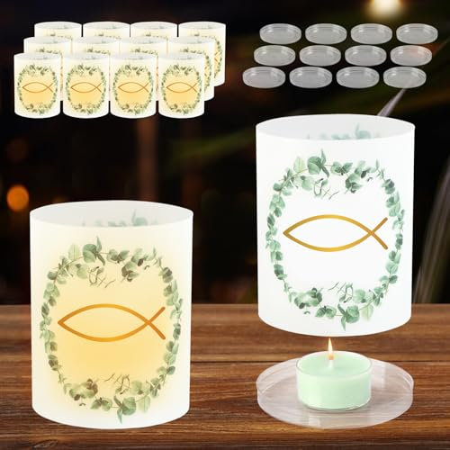 24 Stück Windlicht Tischdeko (12 Lampschirm + 12 Lampstand) Kommunion Taufe Konfirmation, Taufe Deko Mädchen Mädchen Junge, Erstkommunion Deko Mädchen Junge, Geeignet für Teelichter oder Kerzen