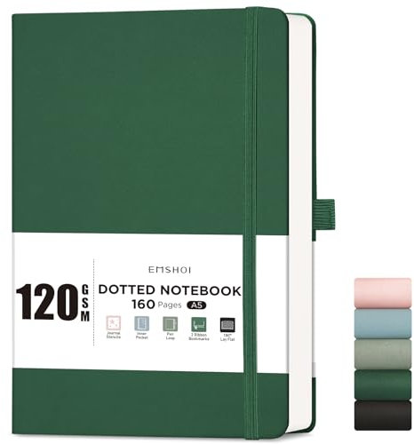 EMSHOI A5 Notebook Dotted Journal - 120gsm Thick Paper, Hardcover Leather Dot Grid Notebook for Bullet Journaling with 160 Pages, Journal Stencils, Inner Pocket, 21 x 14.5 cm, Dark Green