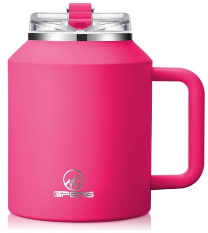 Gpeng Vaso de 30/40/50 onzas con asa, botellas de agua con tapa con popote, vaso de viaje de acero inoxidable aislado, mantiene las bebidas frías o calientes durante horas (rosa barbie, 50 onzas)