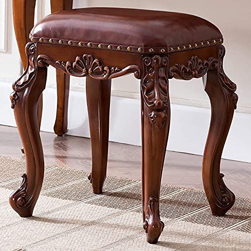 Ottoman Vintage Geschnitztes Leder Gepolsterter Fußhocker, Ottoman Pu Leder Sessel Hocker, Große Massivholz Fußstütze Kaffeehocker (Braun)