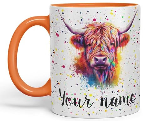 Vixar Personalised Mug with Your Text Name Highland Scottish Cow Farm Animals Watercolour Art Coloured Ceramic Mug Cup Gift 330ml 11oz Custom Work Office Tea Coffee HC4 (Orange)
