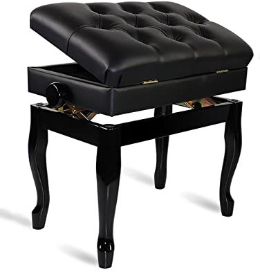 Klavierhocker aus Kunstleder, Deluxe-Klavierbank „Solo Artist“, 10 cm höhenverstellbar, Keyboardhocker mit Staufach und gepolstertem Ledersitz, 56 x 36 x 50–60 cm, geeignet zum Klavierüben und