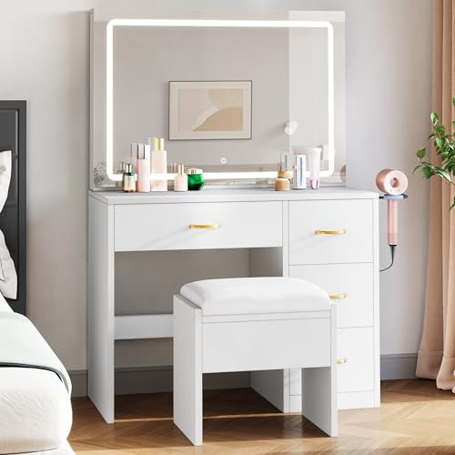 YITAHOME Dressing Table,Bedroom Small Dressing Tables with Mirror and Stool,3 Adjustable Color Lighting Modes,Vanity Table with Charging Socket,Vanity Desk with Drawers,White