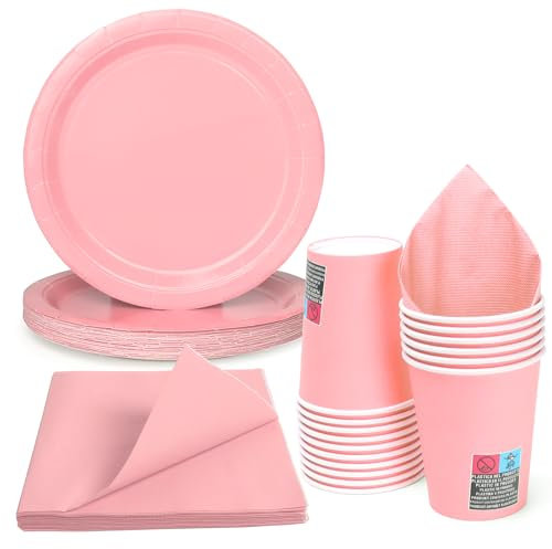 PARTY GO Pink Paper Tableware Set, Napkins、Cups 、Plates Dinnerware Party Supplies for Holiday Wedding Birthday Party Baby Shower Decorations