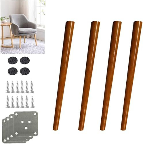 4-teilige Massivholz-Möbelbeine, Schrankfüße aus Eichenholz, Schreibtischbeine, Ersatz-Esstischfüße, Stuhlbeine, Stehfüße, für Sofa-Lounge-Sofa, schräger Kegel, mit Zubehör, braun, 75 cm