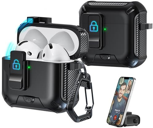 R-fun Compatible con Fundas para Auriculares AirPods 4ta generación 2024, Diseño de Cubierta Protectora de expulsión automática Totalmente a Prueba de caídas,Negro