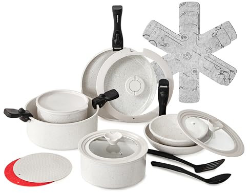 ESEVOLO Batterie de cuisine 23 pièces induction, Lot de Casseroles et Poêles avec poignées amovibles, Empilable, Revêtement Antiadhésif en Céramique sans PFAS, avec couvercle en verre, Blanc