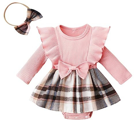 HodJIU Robe de Princesse Bébé Fille à Carreaux Rouge Manches Longues pour Mariage, Soirée, Fête, Noël - Tenue Hiver Décontractée + Bandeau (Rose Plaid, 6-9 Months)