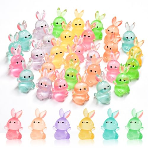 HOMICO 30 Stück Kaninchen Miniaturfiguren Leuchtende Mini Osterhase Kleine Kaninchen Mini Harz Tiere für Puppenhaus Feengarten Mikrolandschaft Bunny Party Favors