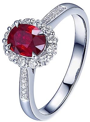 Eheringe Weissgold 750, Ring Frauen Halo 4 Prong Labor Geschaffener Rubin 1.17ct Ovale Form Rot Trauringe Größe 49 (15.6)