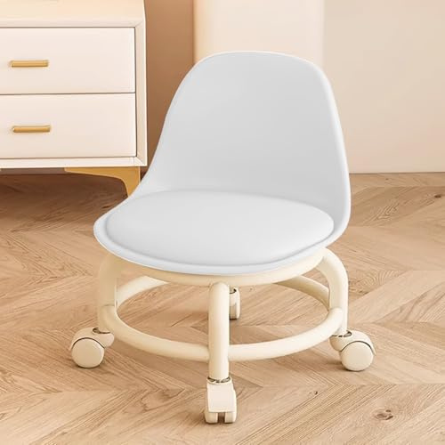 Rollender Riemenscheibenhocker, tragbarer Mini-Schuhhocker, kleiner Rollhocker mit Rollen und Rückenstütze, bequem, stark, elegant, geeignet für Zuhause, Büro oder Garage mit Rückenlehne (Weiß)