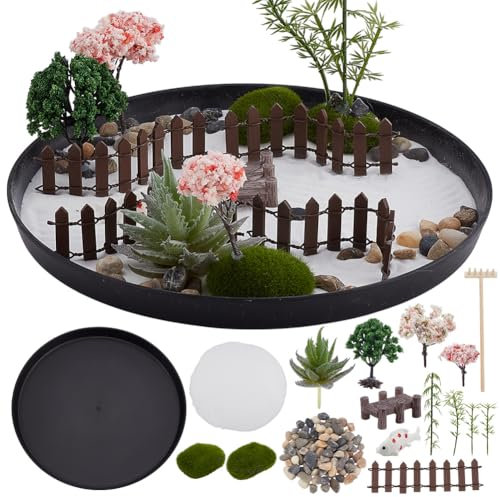 WEBEEDY DIY Rundes Zen Garten Set Mini Japanischer Sandgarten Für Den Schreibtisch Tischplatte Felsen Sand Meditierender Zen Sandkasten Für Erwachsene Büro Schreibtisch Zen Dekor 22.6x22.6cm