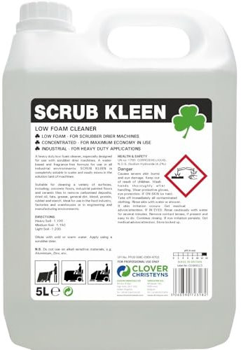 Scrub Kleen Industrial Low Foam Floor Cleaner, 5L, Heavy Duty Alkaline Concentrate for Scrubber Machines Christeyns Clover (5 Ltr)