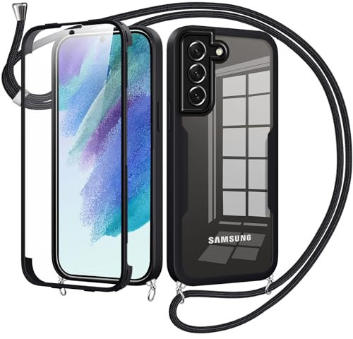 Woijrly Collier Coque pour Samsung Galaxy S21 FE 5G avec Protecteur D'écran Intégrée,360 Degrés Transparent Réglable Étui Cordon Housse Antichoc Anti-Rayures Tactile Deux Couches Protection Etui-Noir