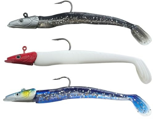 3 Pack Sandeels Weedless Bass Sea Trout Fishing Lures Cod Pollock Saltwater Cod Sand Eel Sandeel Soft Bait Plastic Silicone Lure Realistic Paddle Tail Swim Action Mackerel 3d Eyes Jig Pike 22 Gram