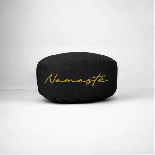 maylow Yoga mit Herz® Hochwertige Meditationskissen Stickerei Shanti Sonne Bezug waschbar Innenkissen Bio-Dinkelspelzen Ø33 cm H: 15cm (Personalisierung nach Wunsch) (sonne-schwarz-PS, H:15cm)